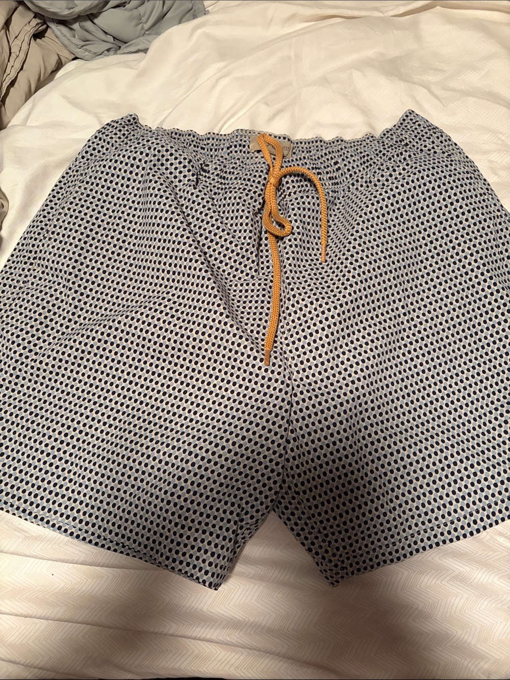 J Crew Navy and White Dot Swim Trunks with Tan Drawstring - Large
